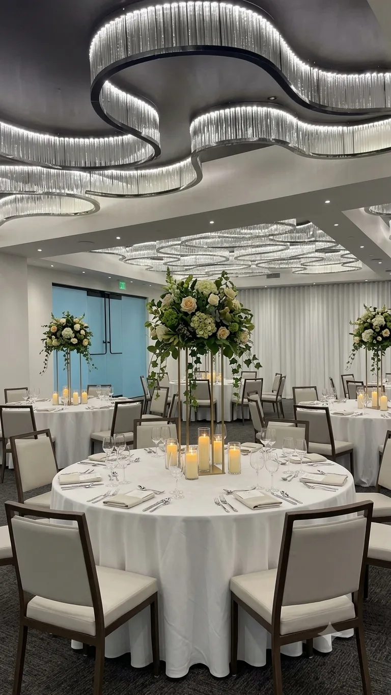 Main hall set for a wedding reception: banquet rounds, tall florals and candles under the wave chandeliers